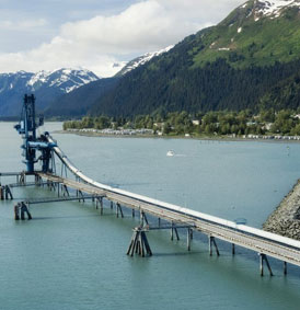 oil loading pipe on a quay in a fjord